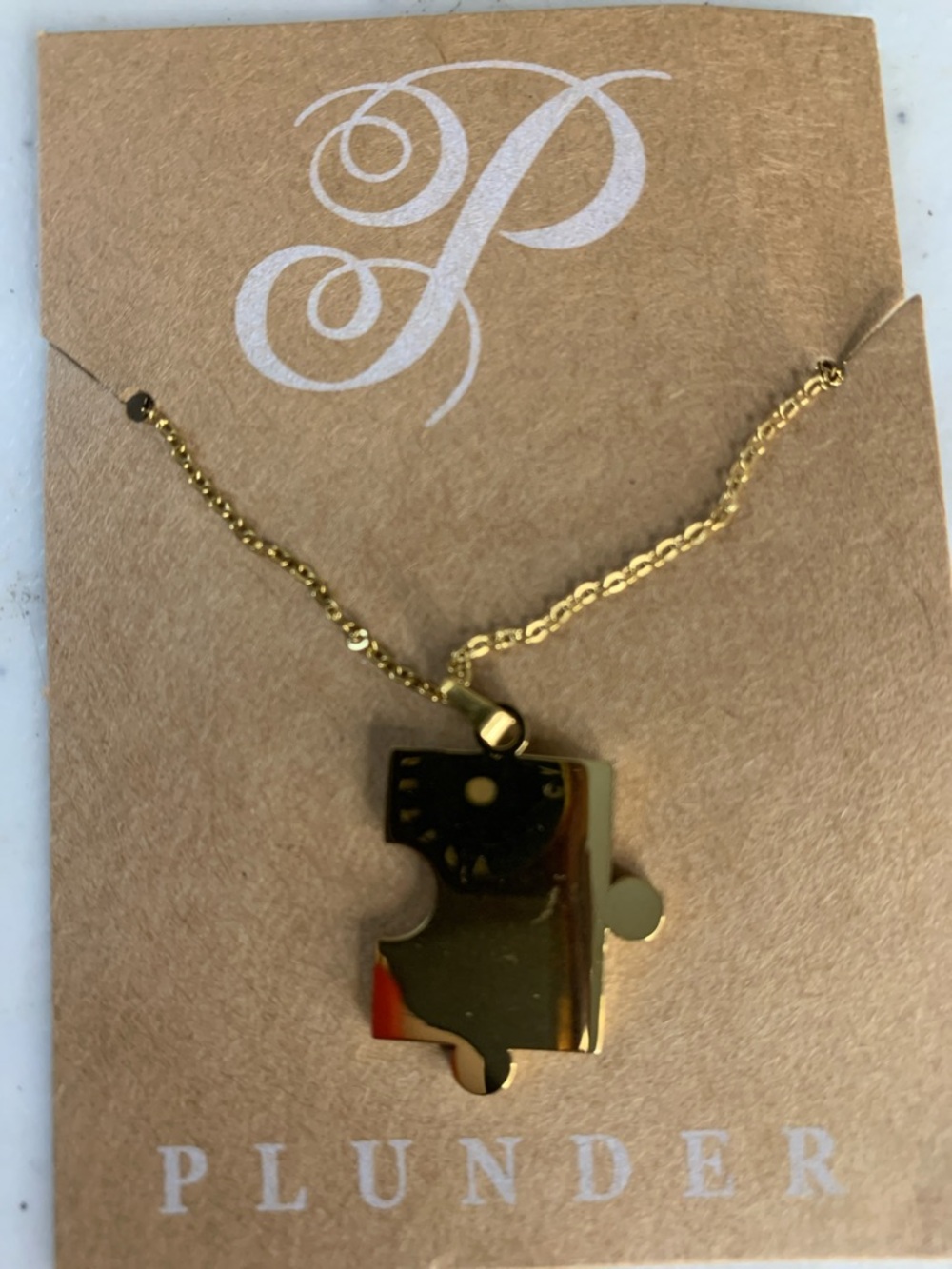 Plunder Shiny Gold Puzzle Piece Pendant Necklace